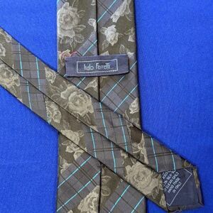 Italo Ferretti Silk Tie Gray Floral Plaid Blue Stripe Made In Italy 60.5" x 3.25